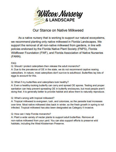 Milkweed Statement and FAQ's